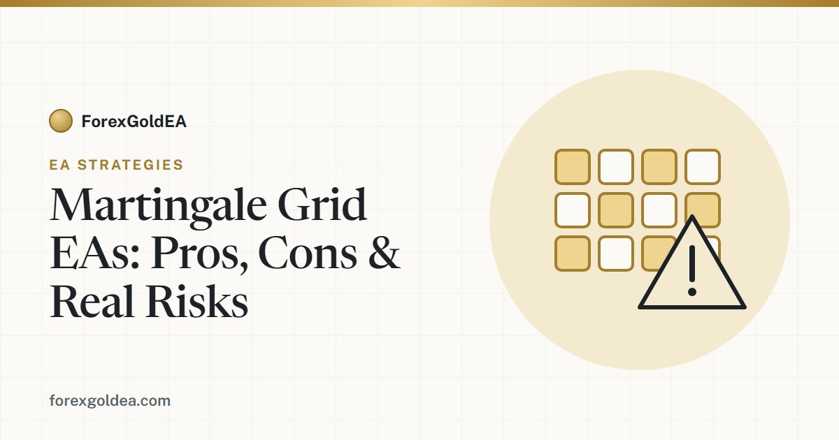 Grid of squares with a warning sign — martingale grid EA pros, cons and risks